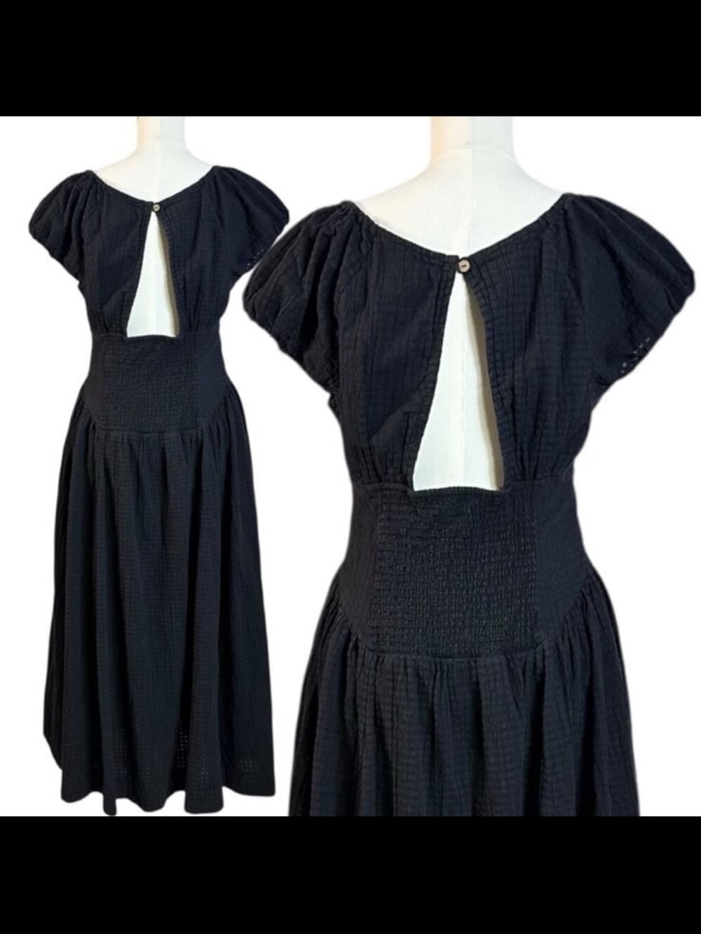 Free People Ciara Pucker Midi Dress Black Cotton Dress with pockets M - Picture 6 of 10